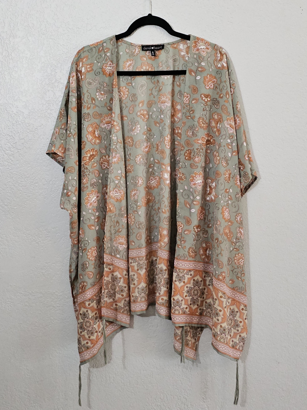 Derek Heart Light Sage & Peach Floral Kimono Womens Medium Open Front Flowy - Picture 9 of 9